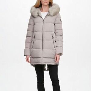 DKNY‎ faux fur trim hooded puffer coat mid length water resistant taupe small